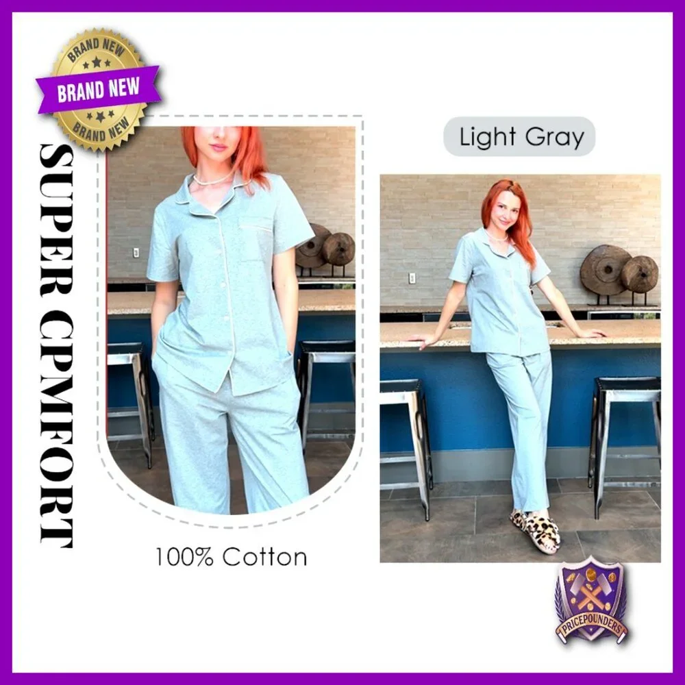 Soft Cotton Pajama Set Short Sleeve Button Down Top Long Pants Lounge
